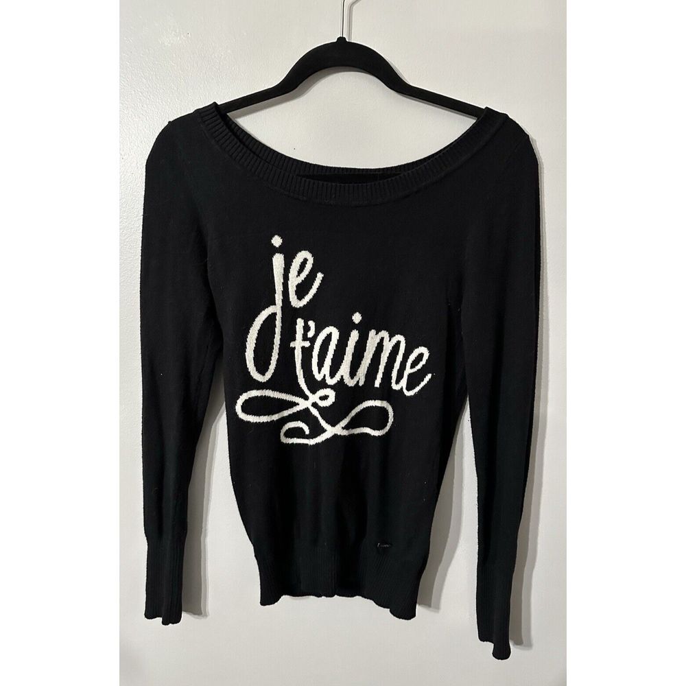 Garage Women's Long Sleeve Knit Scoop Neck Sweater Size XS Je T'aime Blk & Wht